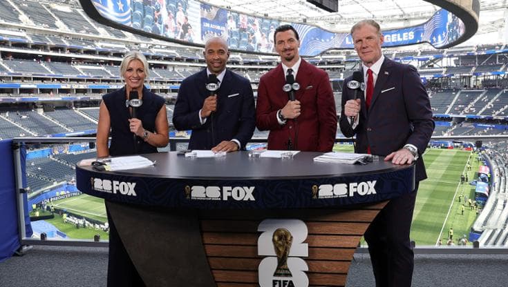 INGLEWOOD, CALIFORNIA - JUNE 12: Fox Sports announcers Rebecca Lowe, Thierry Henry, Zlatan Ibrahimović and Alexi Lalas during the FIFA World Cup Today Fox pregame show at  at SoFi Stadium on June 12, 2026 in Inglewood, California. (Photo by Frank Micelotta/Fox Sports via Getty Images)