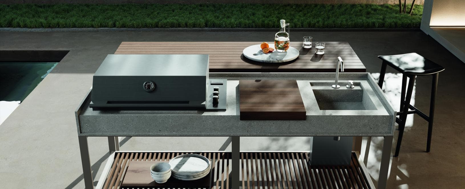 K-Garden introduce postazioni multifunzionali per preparazione, cottura e degustazione, trasformando la cucina outdoor in uno spazio completo, pratico e conviviale