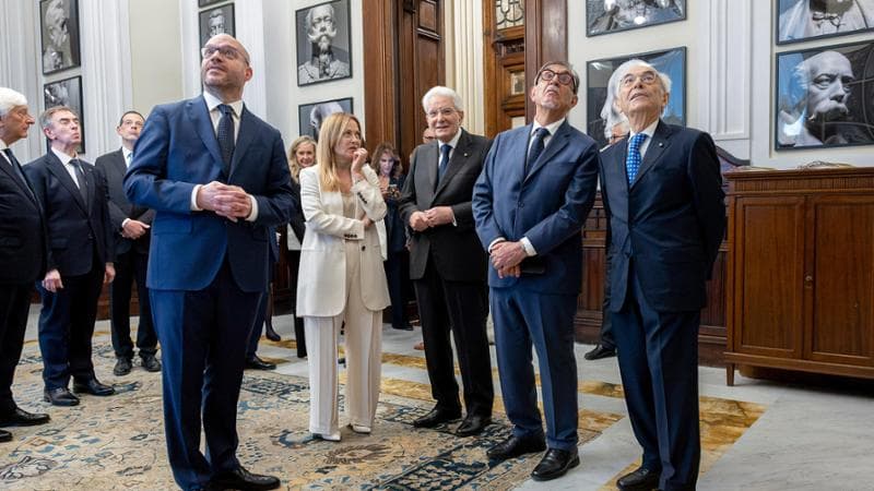 Roma, 25 giugno: Sergio Mattarella con Giorgia Meloni, Ignazio La Russa, Lorenzo Fontana e Giovanni Amoroso in occasione dell'intervento per gli 80 anni dell’Assemblea Costituente