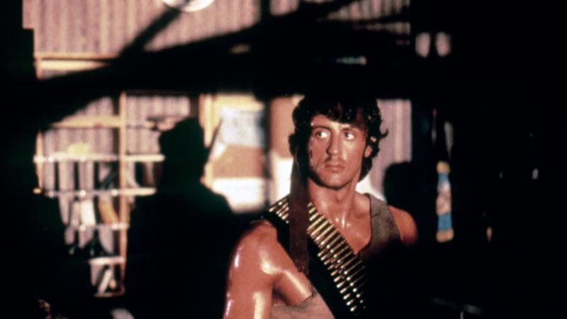 American actor and screenwriter Sylvester Stallone on the set of  based on the novel by Canadian David Morrell and directed by Ted Kotcheff. (Photo by Sunset Boulevard/Corbis via Getty Images)