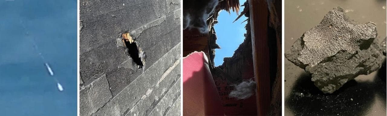Da sinistra il bolide in volo, due immagini del buco nel tetto, il meteorite