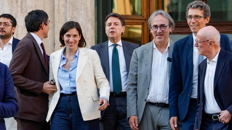 Roma, 14 luglio: i leader del centrosinistra Nicola Fratoianni, Elly Schlein, Giuseppe Conte, Angelo Bonelli e Riccardo Magi