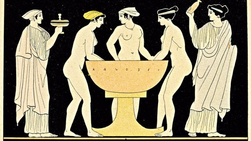 Tre donne che fanno il bagno, litografia&nbsp; di Gabriel de Roton (1865-1964)&nbsp; per la Lisistrata&nbsp;di Aristofane
