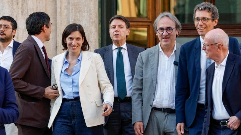 I leader del centrosinistra Nicola Fratoianni, Elly Schlein, Giuseppe Conte, Angelo Bonelli e Riccardo Magi