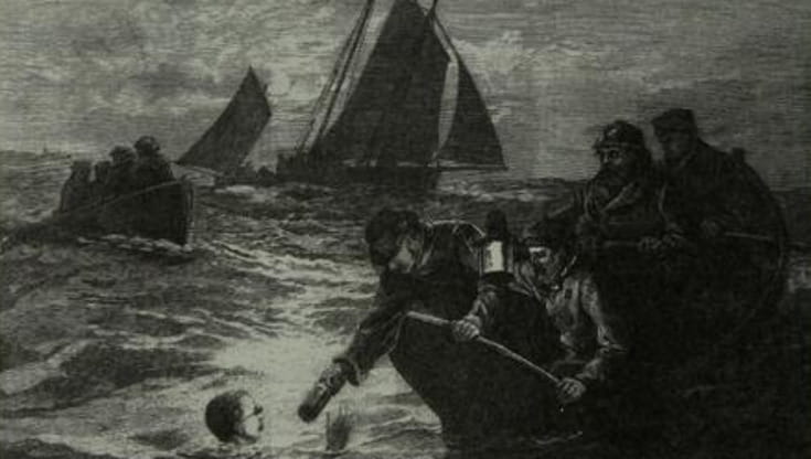 Da una barca si serve caffè caldo a Matthew Webb durante la sua traversata. 24 August 1875. Autore: sconosciuto. Fonte: Watson, Kathy (2001). The crossing: the glorious tragedy of the first man to swim the English channel. New York: G. P. Putnam's Sons. ISBN&nbsp;1-58542-109-X.