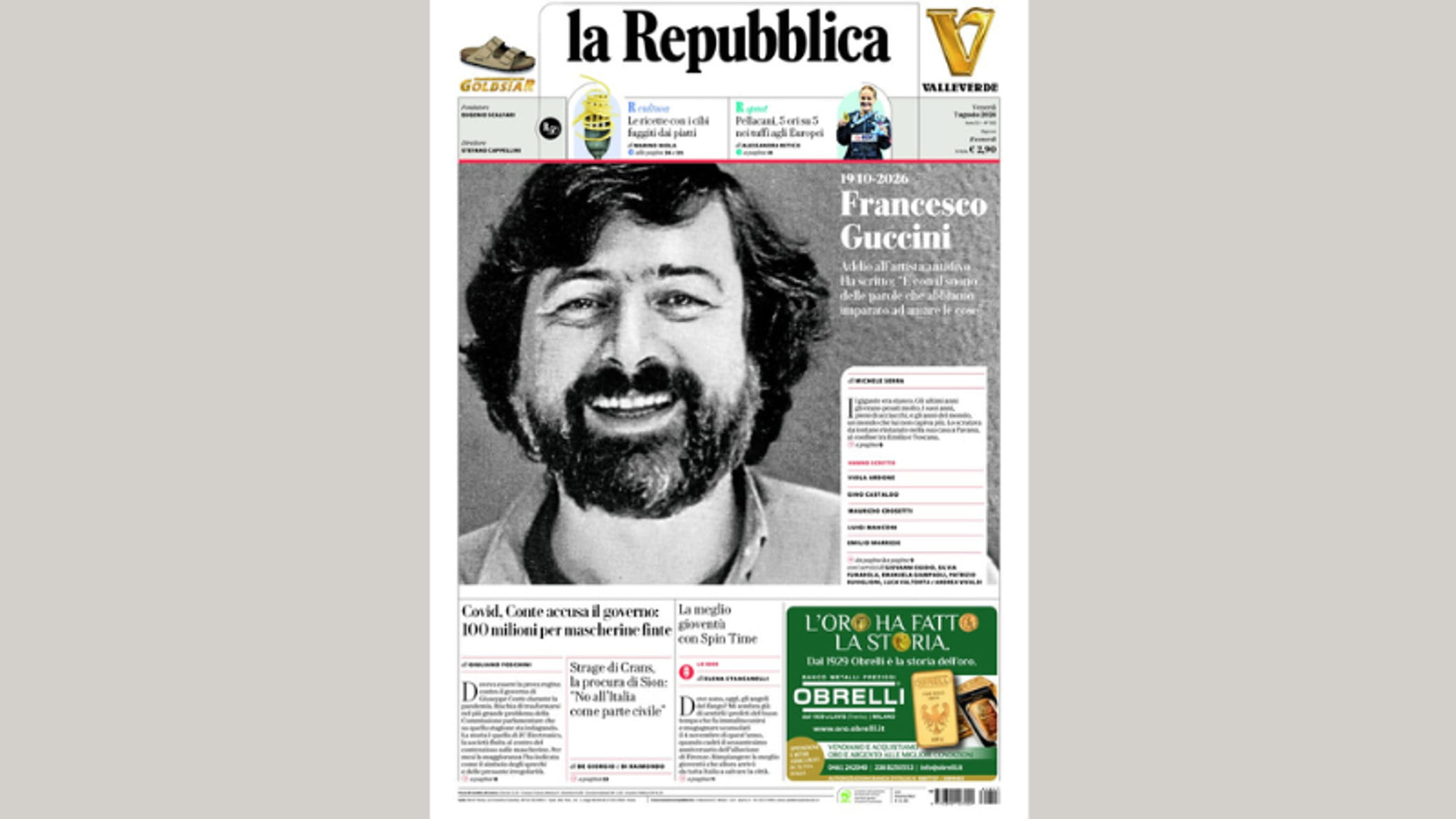 Repubblica celebra il maestro Guccini. La prima pagina in edicola