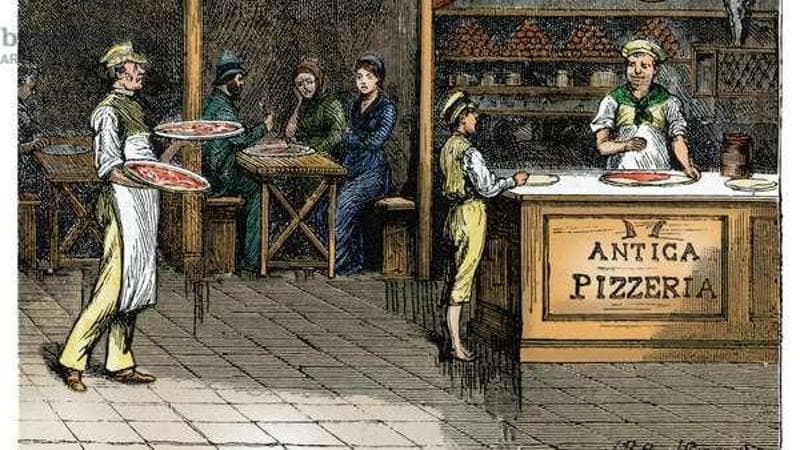 Illustrazione antica pizzaria napoletana (XIX secolo, Fototeca Gilard)
