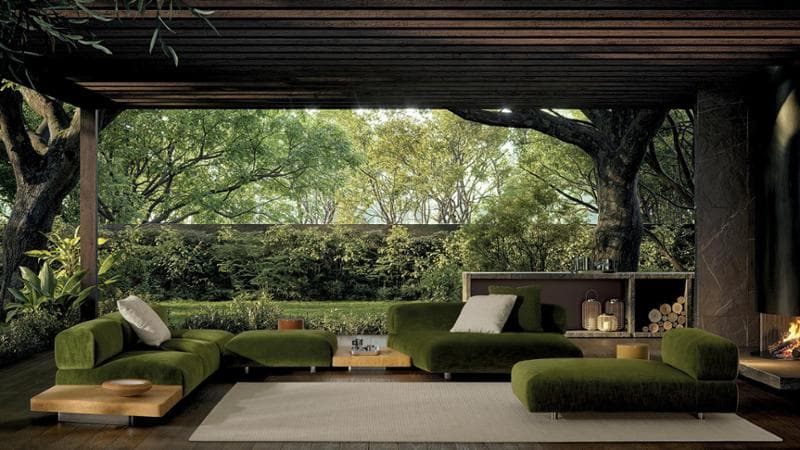 Design di Giampiero Tagliaferri per il sistema di sedute Orion di Minotti. Segno distintivo,&nbsp;i grandi cuscini di seduta segnati da cuciture convergenti. Nella versione&nbsp;outdoor&nbsp;&egrave; rivestito in un velluto per esterni dalla grande resistenza
