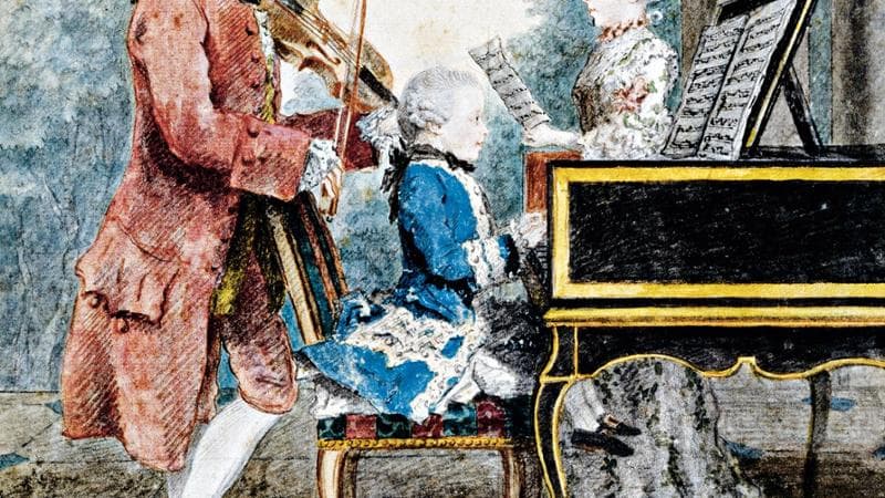 Wolfgang Amadeus Mozart con il padre Leopold&nbsp; e la sorella Maria Anna, 1763, acquerello&nbsp; di Louis&nbsp;de Carmontelle, Francia, XVIII secolo(Photo by DeAgostini/Getty Images)
