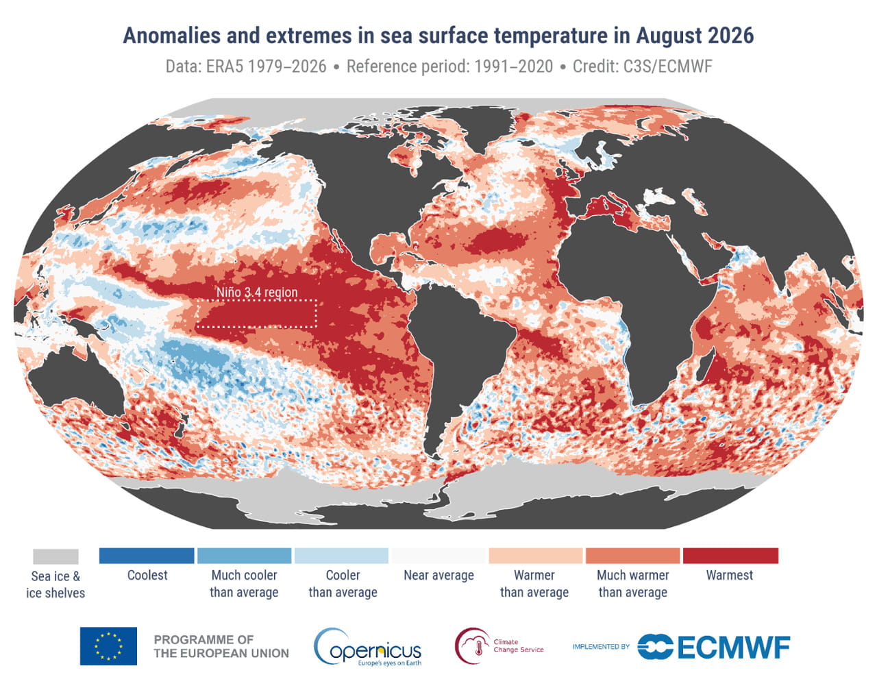 Le anomalie di temperatura dei mari. La macchia rossa nel Pacifico è El Niño