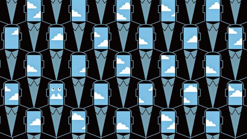 Rows of robotic businessmen with blue sky window heads