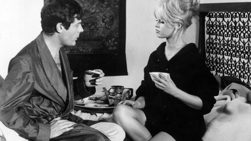 The French actress Brigitte Bardot and the Italian actor Marcello Mastroianni on the set of the film 'A Very Private Affair'. February 1962