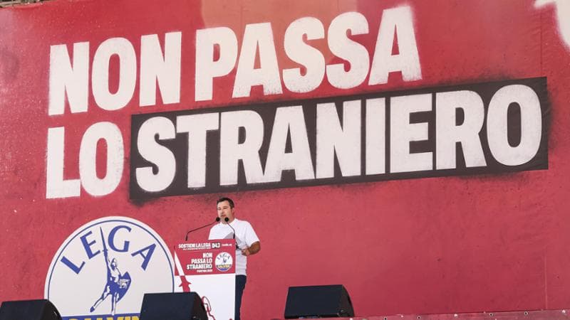 Pontida (Bergamo), 20 settembre: Matteo Salvini sul palco al raduno della Lega