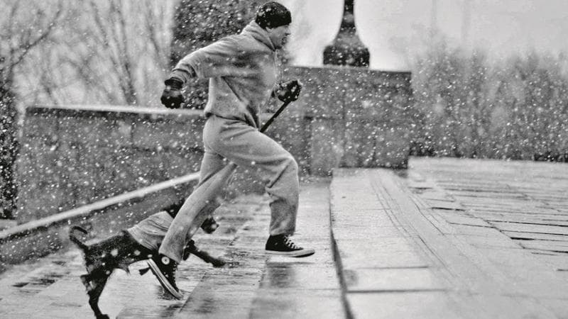 Sylvester Stallone in Rocky Balboa (anno 2006)  che reinterpreta la famosa corsa sulla scalinata di Philadelphia  del primo film  uscito nel 1976 (Alamy Stock Photo)