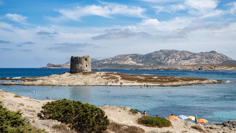 The Isola Piana (Plane Island) with the old defense tower by the La Pelosa and La Pelosetta beaches is being pictured in Stintino, Sardinia, Italy, on August 5, 2024. (Photo by Emmanuele Contini/NurPhoto via Getty Images)