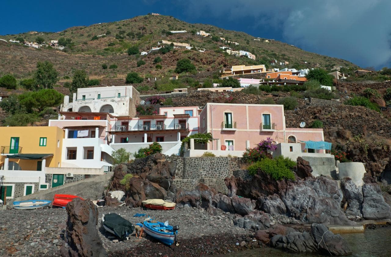 Village at the port on the island of Alicudi, in the Aeolian Islands, Sicily, Italy.