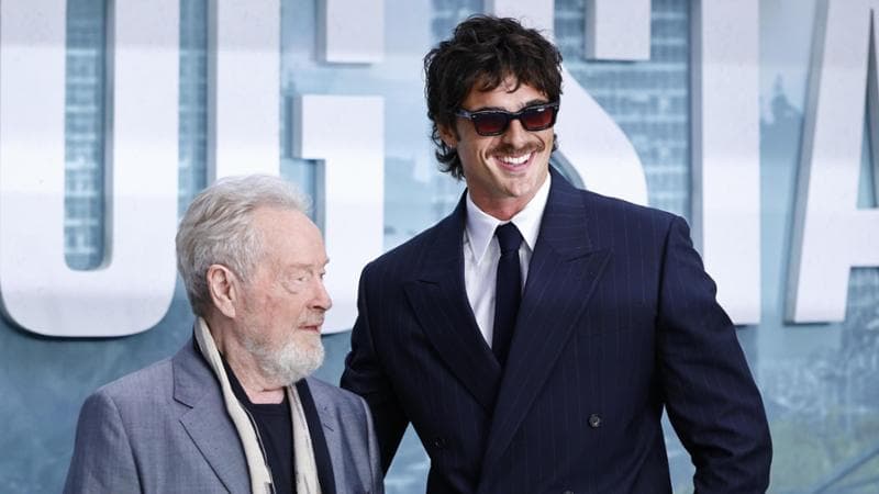 British filmmaker Ridley Scott and Australian actor Jacob Elordi arrive for the world premiere of "The Dog Stars" at Odeon Luxe Leicester Square in London