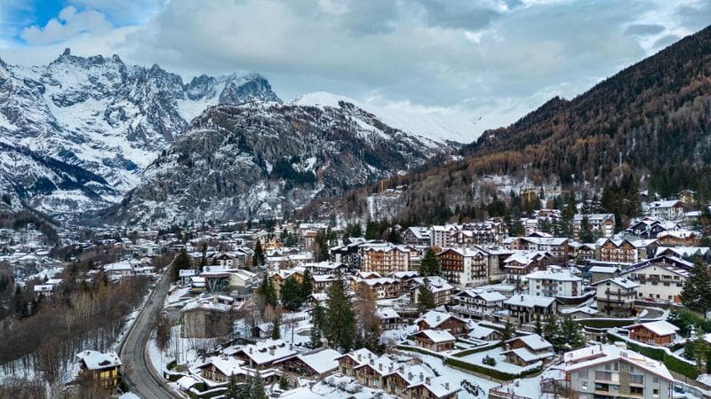 Aerial view of Courmayeur with snow