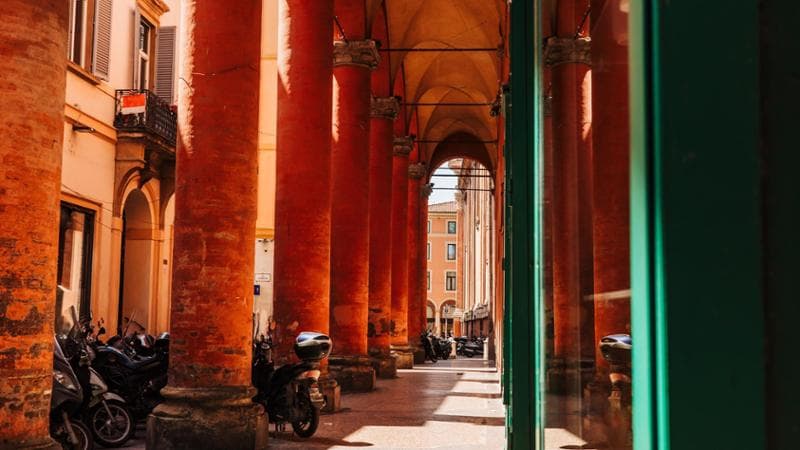 Bologna's iconic red-painted portico arcade