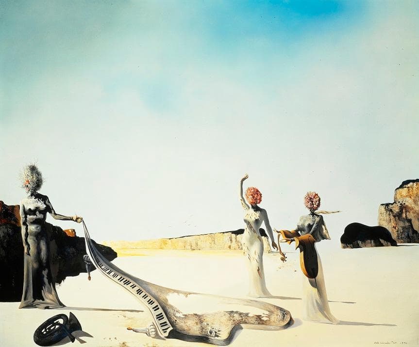 Salvador Dalí, Three Young Surrealist Women Holding in Their Arms the Skins of an Orchestra, 1936 (detail)