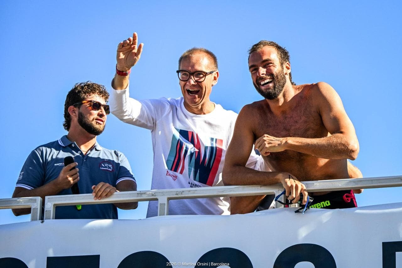 Mitja Gialuz, President of Società Velica di Barcola e Grignano (organisers of the Barcolana), with Olympic swimming champion Gregorio PaltrinieriBarcolana Nuota 2026