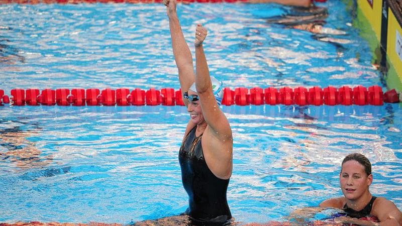 Federica Pellegrini celebrates after winning gold and beating a world record during the final of the Women's 400m freestyle on July 26, 2009 at the 13th FINA World Swimming Championships in Rome.