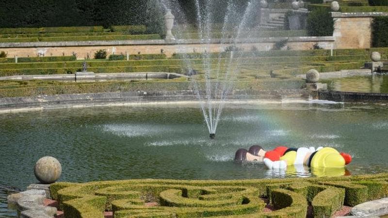 “Daddy, Daddy”, Maurizio Cattelan’s large-scale sculpture depicting Disney’s Pinocchio drowning, on display at Blenheim Palace in Woodstock, England, on 12 September 2019