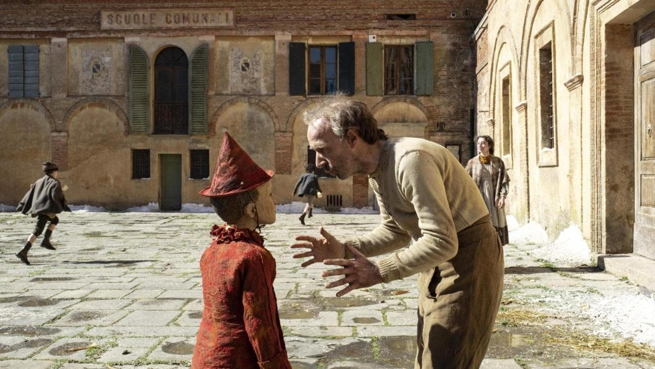 Italian actor Roberto Benigni as Geppetto in Pinocchio (2019), written and directed by Matteo Garrone. Young Federico Ielapi plays the wooden puppet. The film received two Oscar nominations.