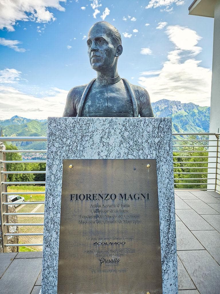 A bust of Fiorenzo Magni outside the cycling museum he founded. The Italian champion was nicknamed the “Third Man” for his rivalry with Fausto Coppi and Gino Bartali. Photo: Giovanni Mereghetti/UCG/Universal Images Group via Getty Images.
