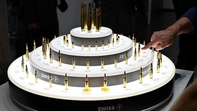 Swiss P ammunition on display at the DSEI defense exhibition in London, September 2025.