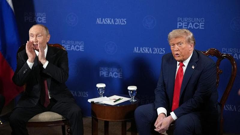 U.S. President Donald Trump (R) and Russian President Vladimir Putin (L) hold a meeting at Joint Base Elmendorf-Richardson on August 15, 2025, in Anchorage, Alaska