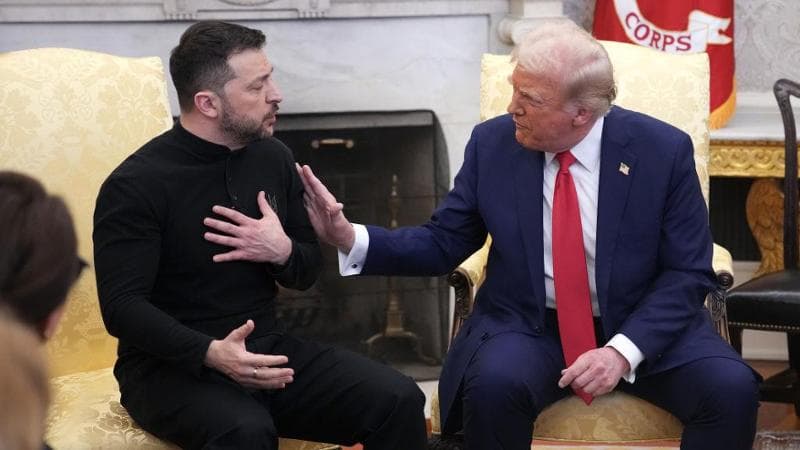 U.S. President Donald Trump and Ukrainian President Volodymyr Zelensky meet in the Oval Office at the White House on February 28, 2025 in Washington, DC.