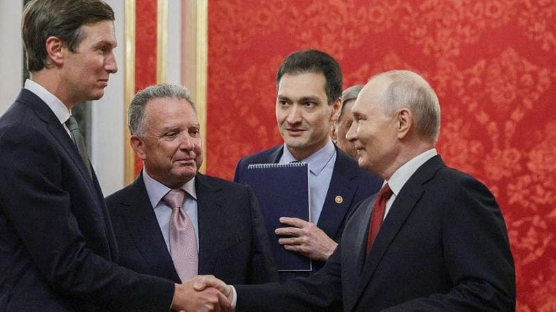 Russia's President Vladimir Putin (R) welcomes US special envoy Steve Witkoff (2nd L) and US President Donald Trump's son-in-law Jared Kushner (L) prior to their talks in Moscow on September 5, 2026.
