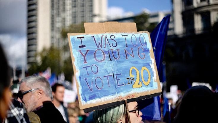 “I was too young to vote; I’m 20.” Anti-Brexit march, London, 19 October 2019. Author: Ilovetheeu. Source: own work