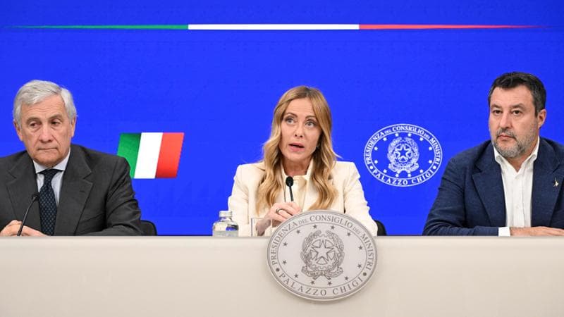 Roma, 28 ottobre: Antonio Tajani, Giorgia Meloni e Matteo Salvini in conferenza stampa sulla manovra